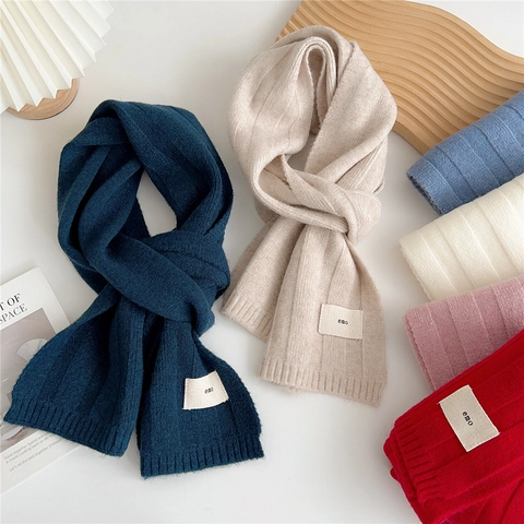 Ribbed Knit Scarf Winter Warm Acrylic Polyester Nylon Blend Soft Korean Style Long Solid Color Neck Warmer For Women Men