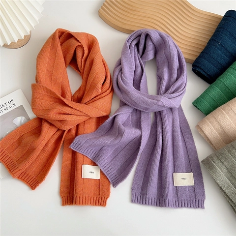 Ribbed Knit Scarf Winter Warm Acrylic Polyester Nylon Blend Soft Korean Style Long Solid Color Neck Warmer For Women Men