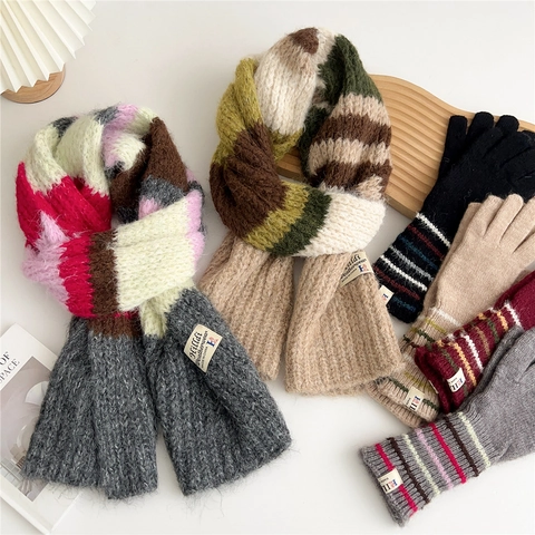 Sciarpa In Maglia Grossa Guanti A Righe Inverno Caldo Morbido Accessori Esterno Stile Giapponese Coreano Donne Uomini