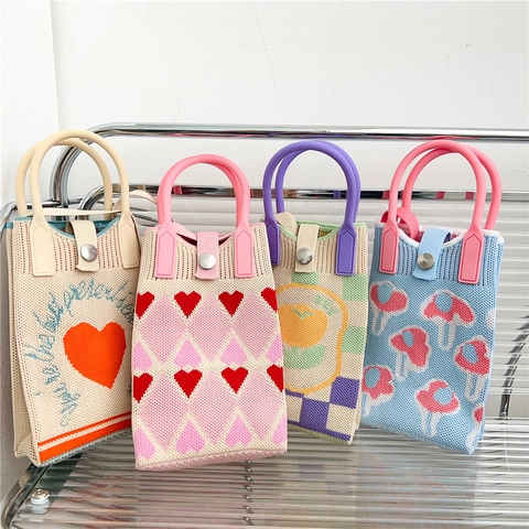 Graziosa Mini Borsa A Tracolla In Maglia Di Poliestere Per Cellulare Motivo A Cuore Piccola Borsa Versatile Per Donne Ragazze
