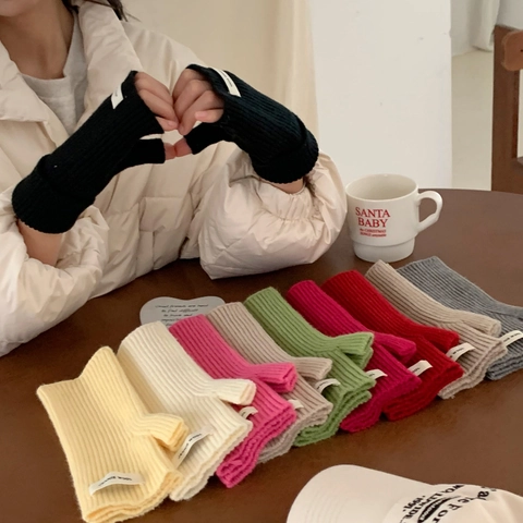 Guantes Sin Dedos Mujeres De Punto Mezcla De Lana Invierno Cálido Color Sólido Acanalado Con Agujero Para Pulgar