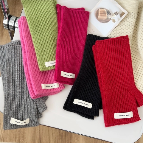 Guantes Sin Dedos Mujeres De Punto Mezcla De Lana Invierno Cálido Color Sólido Acanalado Con Agujero Para Pulgar