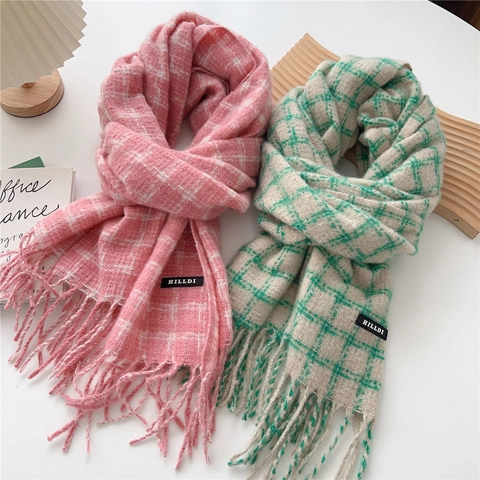 Plaid Tassel Scarf Warm Thick Winter Neck Wrap Polyester Soft Vintage Korean Style Long Shawl For Women Students
