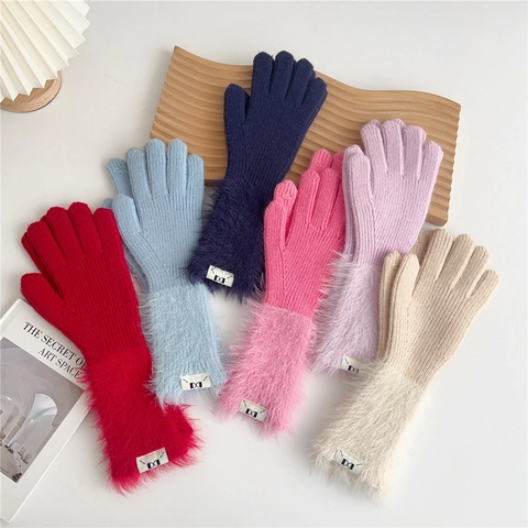 Knit Winter Gloves Women Faux Fur Cuffs Touchscreen Fingerless Thickened Warm Solid Color Soft Outdoor Cycling Thermal