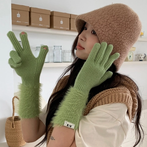Knit Winter Gloves Women Faux Fur Cuffs Touchscreen Fingerless Thickened Warm Solid Color Soft Outdoor Cycling Thermal