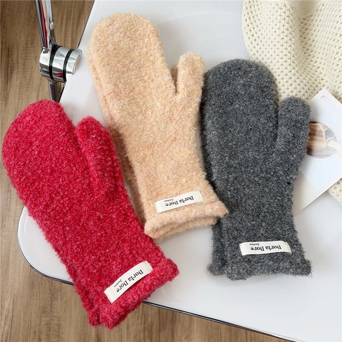 Winter Plush Mittens Sherpa Fleece Warm Thermal Windproof Solid Color Korean INS Style Soft For Women Girls