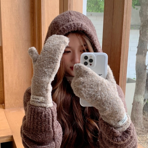 Winter Plush Mittens Sherpa Fleece Warm Thermal Windproof Solid Color Korean INS Style Soft For Women Girls