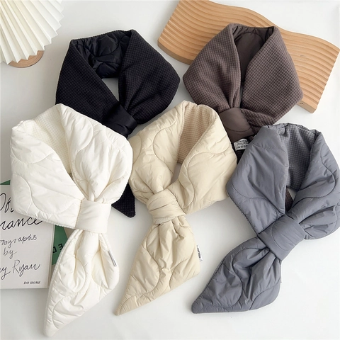 Winter Bufanda Acolchada Mujer Calentador Cuello Grueso Calido Cortavientos Color Solido Inserto Cruzado Moda Coreana