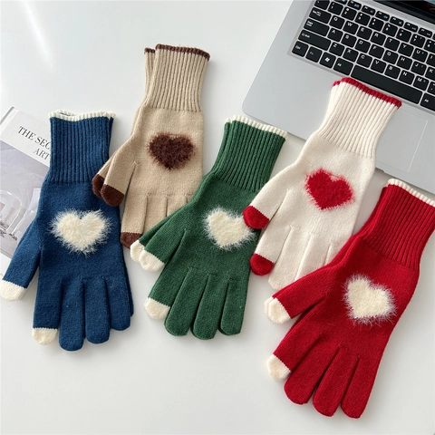Guantes De Invierno Cálidos De Punto Con Patrón De Corazón Pantalla Táctil Color De Contraste Parche De Felpa Estilo Dulce Mujer