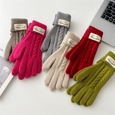 Winter Knitted Gloves Warm Thick Cable Knit Full Finger Touch Screen Outdoor Solid Color Unisex