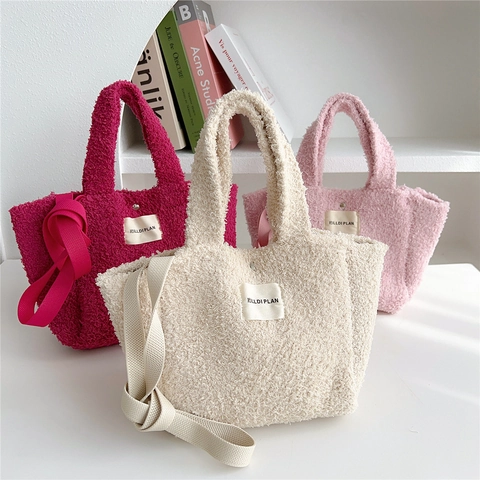Polyester Lamb Wool Tote Bag Women Solid Color Teddy Fleece Shoulder Handbag With Magnetic Buckle Adjustable Strap Casual