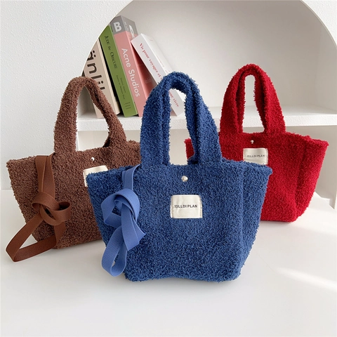 Polyester Lamb Wool Tote Bag Women Solid Color Teddy Fleece Shoulder Handbag With Magnetic Buckle Adjustable Strap Casual