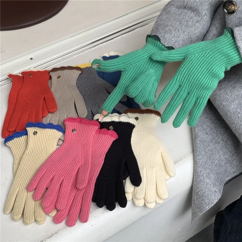 Women Winter Knitted Gloves With Scalloped Edge Contrast Color Touchscreen Design Cute Korean Style Warm Thermal