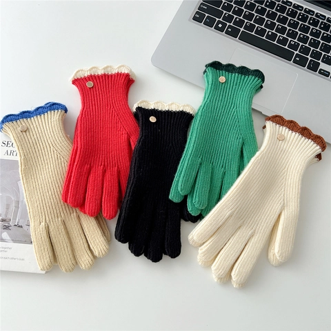 Women Winter Knitted Gloves With Scalloped Edge Contrast Color Touchscreen Design Cute Korean Style Warm Thermal