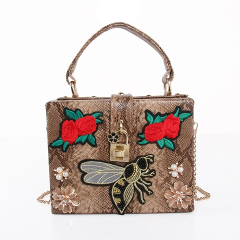 Bolso Caja Cuero PU Estampado Serpiente Diamantes Perla Artificial Bordado Abeja Flor Pájaro Cerradura Oro Cadena Bandolera Mujeres