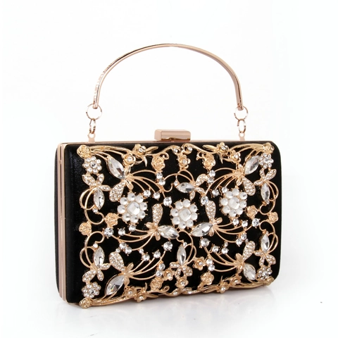Hollow Metal Rhinestone Evening Clutch Bag Rectangular Luxury Wedding Banquet Handbag With Top Handle For Women