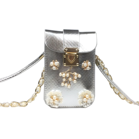 Women Metallic PU Leather Mobile Phone Crossbody Bag With Artificial Pearl Flower Decoration Rhinestone Chain Strap Party Evening