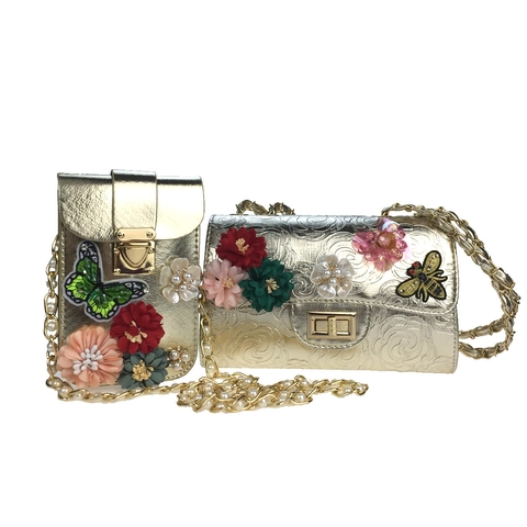 Damen Zusammen Passende Taschen Rose Geprägtes Leder Luxus 3D Satin Blume Biene Dekor Künstliche Perle Kette Crossbody Schultertasche Metallic