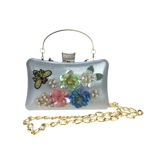 Borsa Da Sera Fiori 3D Fatta A Mano Paillettes Künstliche Perle Ricamo Ape Strass Clutch Borsetta Da Festa Con Manico In Metallo