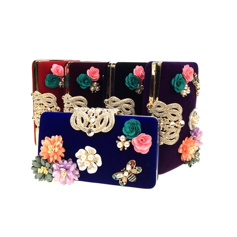 Evening Clutch Bag Velvet 3D Satin Flowers Artificial Pearls Rhinestones Wedding Party Handbag For Women With Detachable Chain