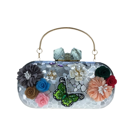 Pochette Da Sera In Satine Con Fiori 3D Farfalla Ricamata Perla Artificial Strass Borsa Rigida Sposa Festa Chiusura In Cristallo