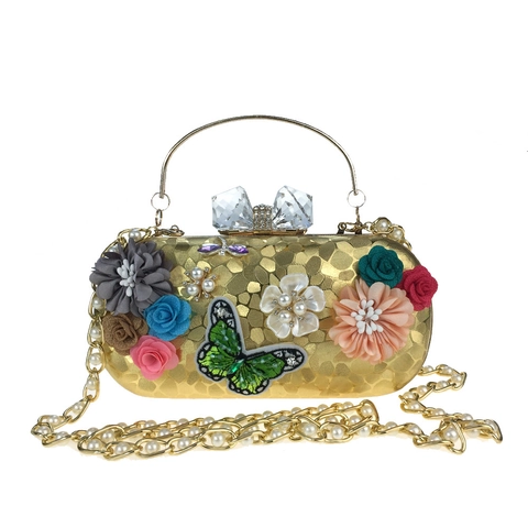 Pochette Da Sera In Satine Con Fiori 3D Farfalla Ricamata Perla Artificial Strass Borsa Rigida Sposa Festa Chiusura In Cristallo