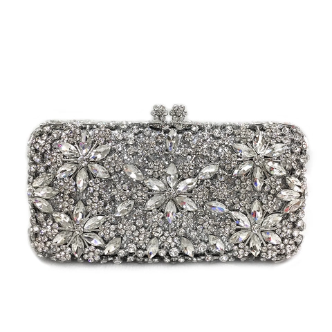 Lussuosa Borsa da Sera con Strass e Fiori per Donna Pochette in Metallo e Cristallo per Matrimonio con Catena