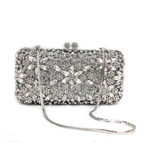 Lussuosa Borsa da Sera con Strass e Fiori per Donna Pochette in Metallo e Cristallo per Matrimonio con Catena