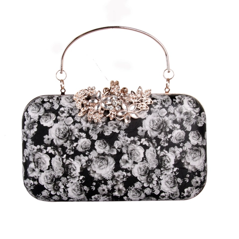 Bolso De Noche Con Estampado Floral De Rosa Vintage Mujer Cuero PU Carcasa Rígida Asa De Metal Cierre Strass Cadena