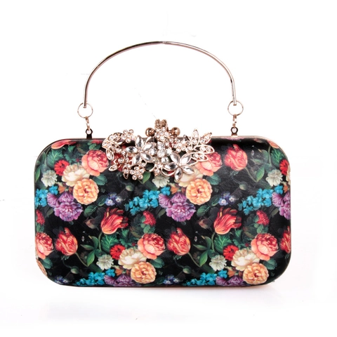 Bolso De Noche Con Estampado Floral De Rosa Vintage Mujer Cuero PU Carcasa Rígida Asa De Metal Cierre Strass Cadena