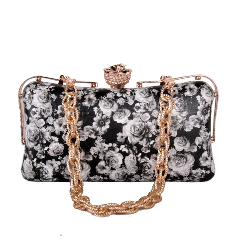Floral Print Evening Clutch Bag PU Leather Rhinestone Flower Clasp Vintage Party Handbag With Metal Chain Strap For Women