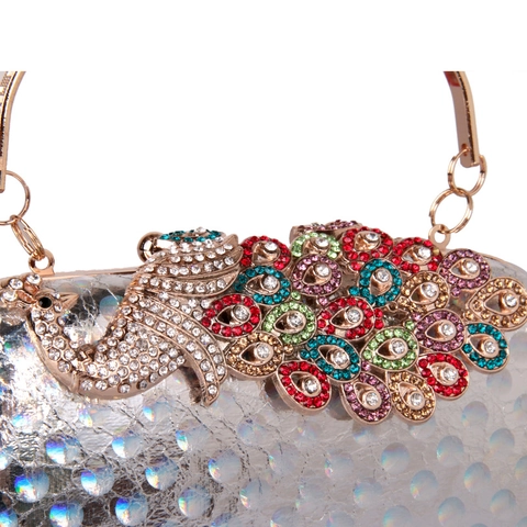 Cartera De Fiesta Pavo Real Diamantes Laser Holográfico Cuero PU Mango Anillo Metal Boda Elegante Bolso Para Mujeres