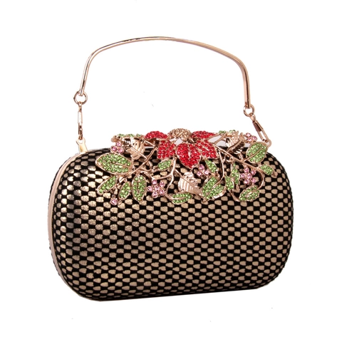 Borsa Da Sera Pochette Donna Con Chiusura Fiore In Strass Pizzo Mesh Pelle PU Manico In Metallo Scatola Rigida Festa
