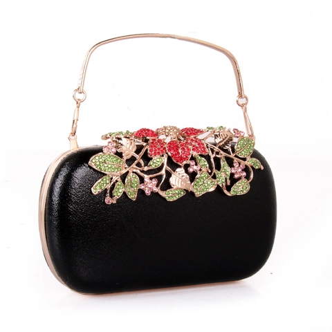 Bolso De Noche Clutch Para Mujer Cuero PU Diamantes De Imitación Flor Mango Metálico Elegante Boda Fiesta Bolso Rígido