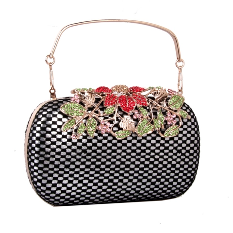 Borsa Da Sera Pochette Donna Con Chiusura Fiore In Strass Pizzo Mesh Pelle PU Manico In Metallo Scatola Rigida Festa