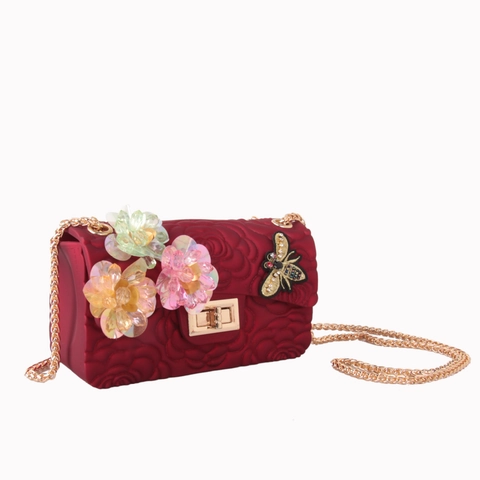 Women Matte Silicone Jelly Crossbody Bag Rose Embossed 3D Flower Bee Badge Gold Chain Strap Shoulder Purse
