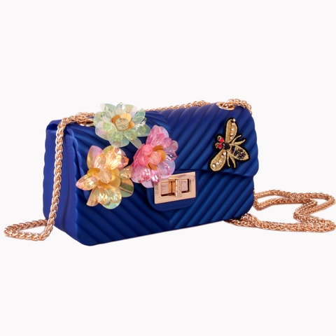Matte Siliconen Jelly Crossbodytas Voor Dames Met Chevron Patroon 3D Bloemen En Bijen Patch Gouden Ketting Schoudertas