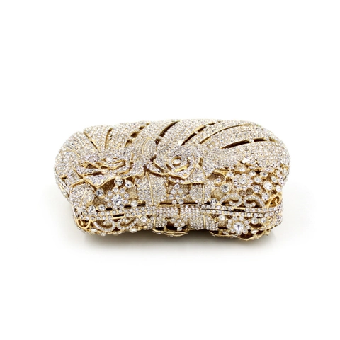 Luxury Evening Clutch Bag Women Hollow Metal Rose Flower Rhinestone Crystal Party Handbag With Detachable Chain