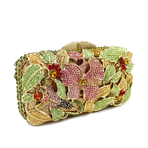 Bolso De Noche Clutch Con Pedrería Patrón De Flores Y Pájaros Cristal Metal Calado Bolso De Mano Para Mujer