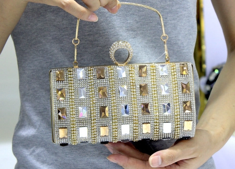 Bolso De Fiesta De Satén De Lujo Con Pedrería Cristal De Vidrio Carcasa Rígida Cierre De Anillo Boda Evento Bolso Mano Cadena