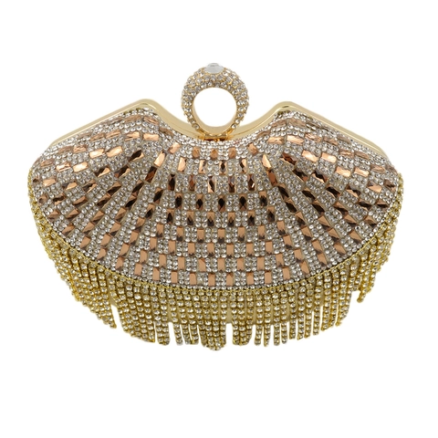 Luxury Rhinestone Evening Clutch Bag With Metal Ring Handle And Tassels Elegant Party Handbag For Women Wedding