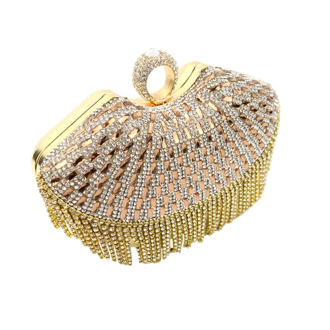 Luxury Rhinestone Evening Clutch Bag With Metal Ring Handle And Tassels Elegant Party Handbag For Women Wedding
