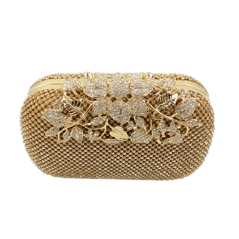 Women Rhinestone Evening Clutch Bag Elegant Luxury Floral Leaf Clasp Hard Shell Banquet Wedding Party Handbag