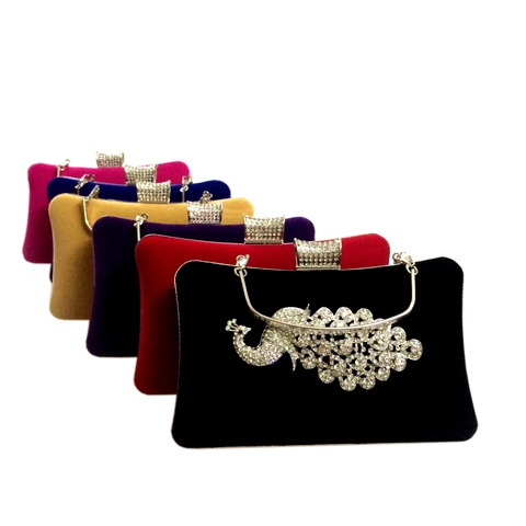 Bolso De Noche De Terciopelo Con Pavo Real De Diamantes De Imitación Asa De Metal Plateado Y Cadena Para Mujer