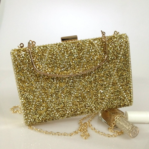Rhinestone Evening Clutch Bag Luxury Geometric Pattern Metal Handle Women Banquet Wedding Party Purse Handbag Chain