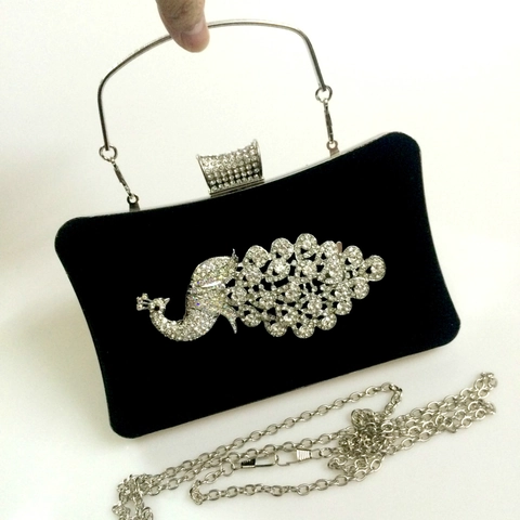 Bolso De Noche De Terciopelo Con Pavo Real De Diamantes De Imitación Asa De Metal Plateado Y Cadena Para Mujer