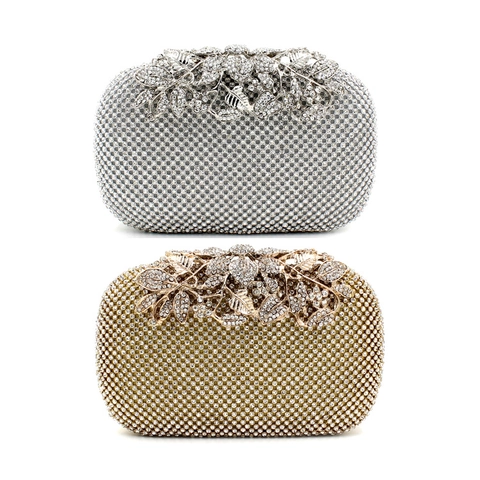 Women Rhinestone Evening Clutch Bag Elegant Luxury Floral Leaf Clasp Hard Shell Banquet Wedding Party Handbag