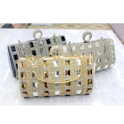 Bolso De Fiesta De Satén De Lujo Con Pedrería Cristal De Vidrio Carcasa Rígida Cierre De Anillo Boda Evento Bolso Mano Cadena