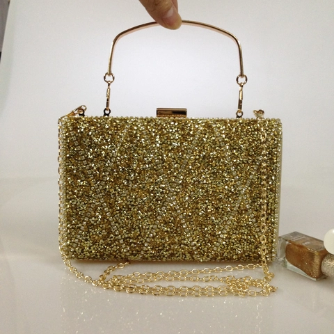 Rhinestone Evening Clutch Bag Luxury Geometric Pattern Metal Handle Women Banquet Wedding Party Purse Handbag Chain