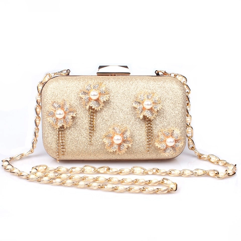 Elegante Pochette Da Sera Glitterata Guscio Rigido Con Fiori In Metallo 3D Künstliche Perle Nappe Di Strass Per Donne Festa Formale